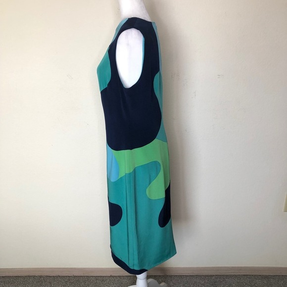 Lela Rose Silk Dress Size 10 Sleeveless Sheath Blue Green Abstract Cocktail - Picture 13 of 16